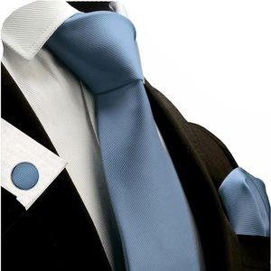 Dusty blue tie with pocket kerchief and cuff links